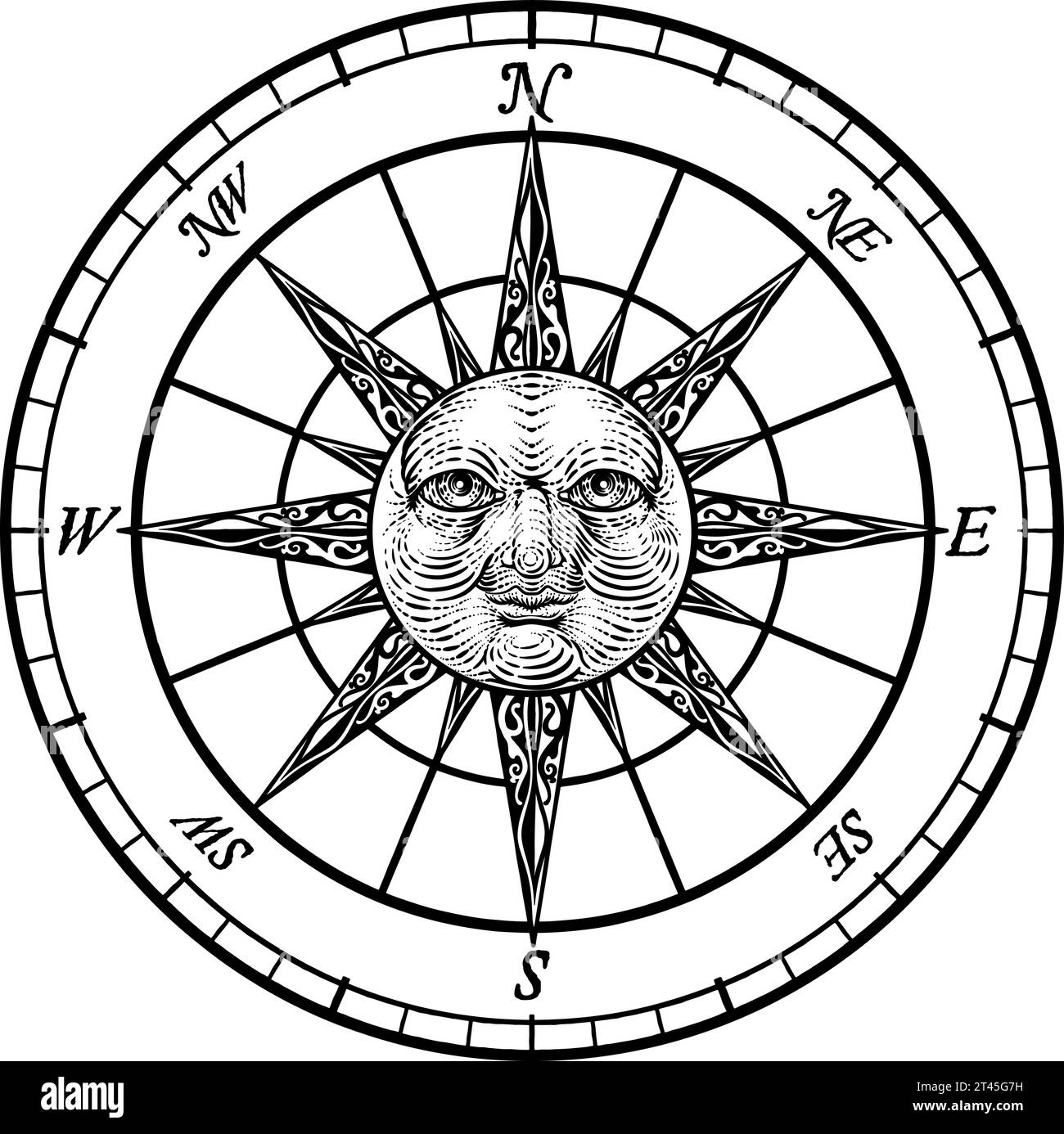 Kompass Sonne Gesicht Ätzrose Holzschnitt Zeichnung Stock Vektor