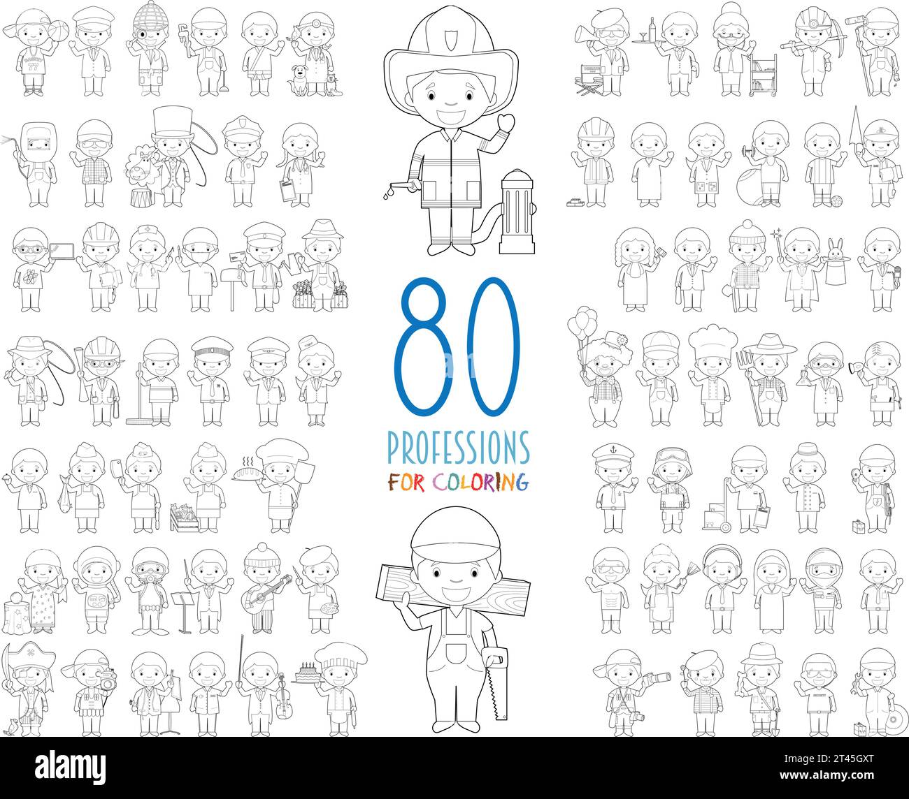 Kinder Vector Characters Collection: Set aus 80 verschiedenen Berufen zum Färben im Cartoon-Stil. Stock Vektor