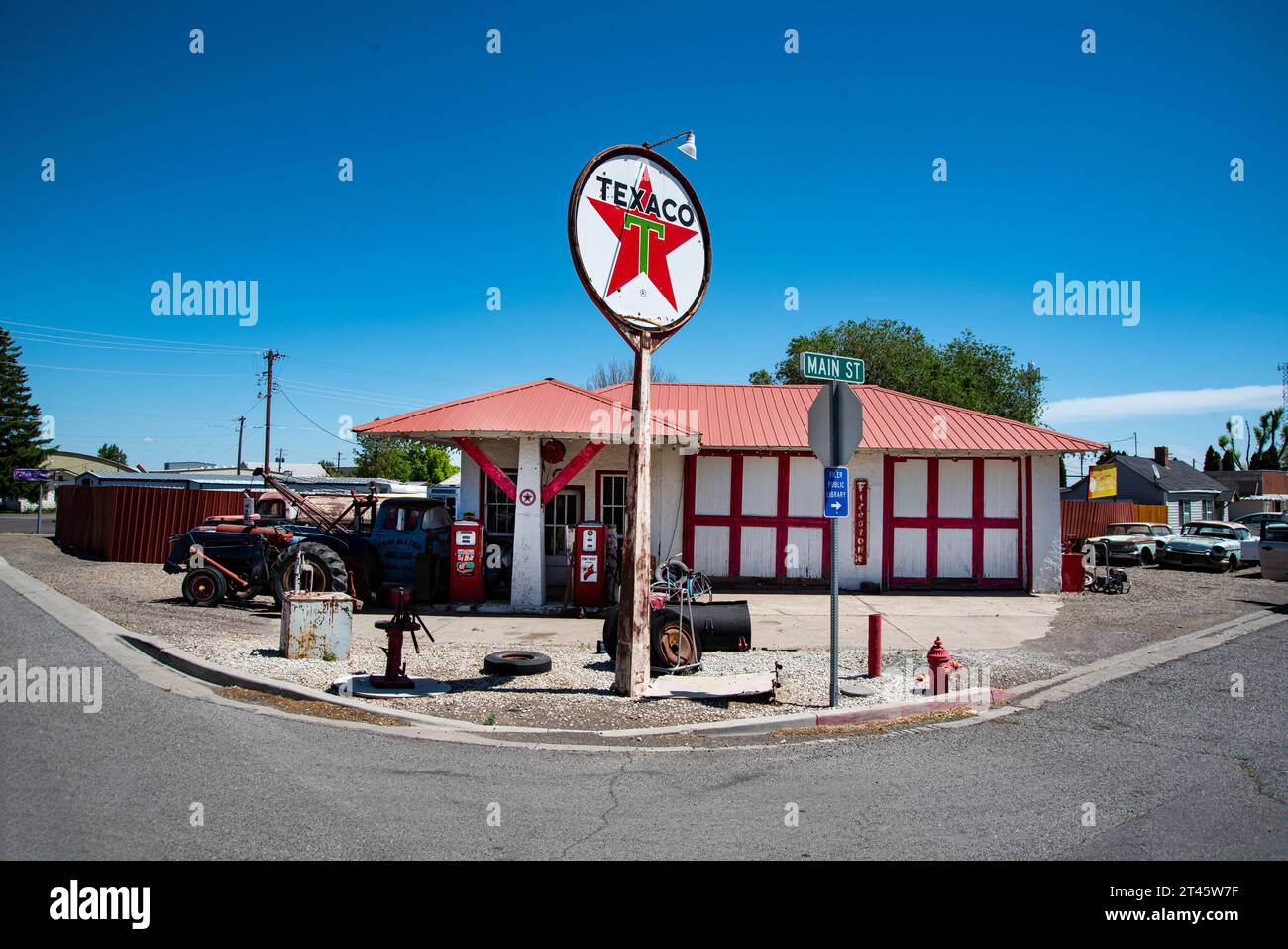 Old Texaco Station an der Ecke Main Street und N 2200 East, Filer, Idaho, USA Stockfoto