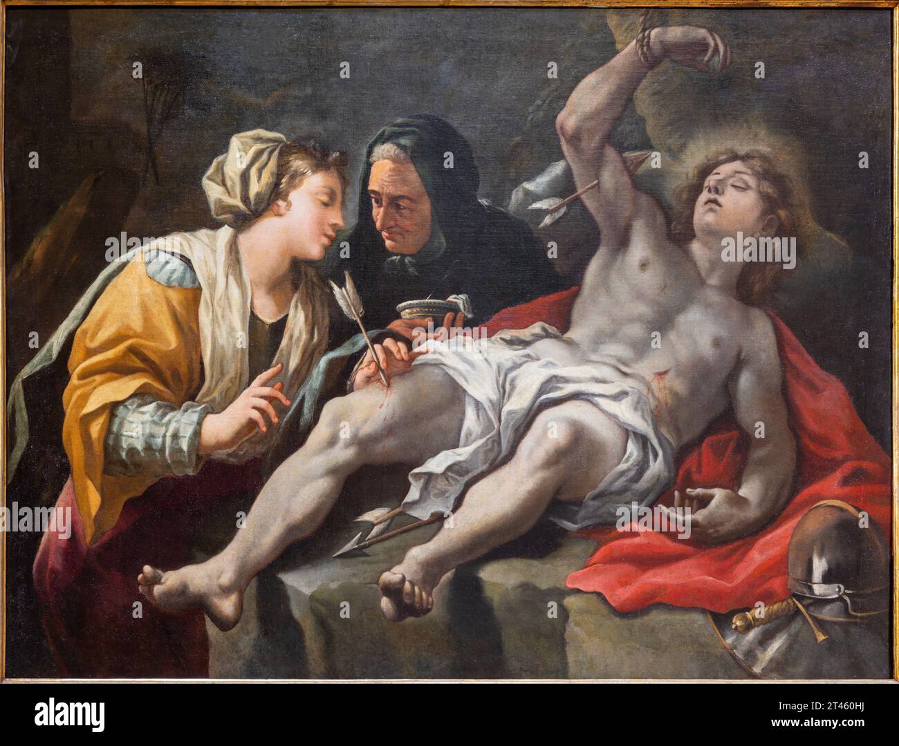 NEAPEL, ITALIEN - 23. APRIL 2023: Das Gemälde des Heiligen Sebastian wurde von der Heiligen Irene in der Kirche Chiesa di San Nicola alla Carita gepflegt Stockfoto