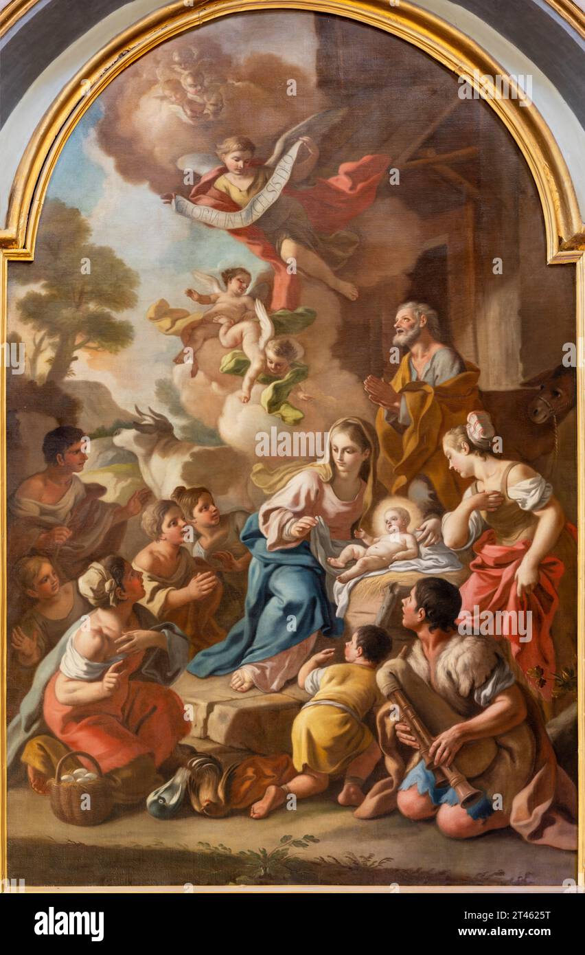 NEAPEL, ITALIEN - 23. APRIL 2023: Das Gemälde der Adoration der Hirten in der Kirche Chiesa di San Nicola alla Carita von Francesco de Mura Stockfoto