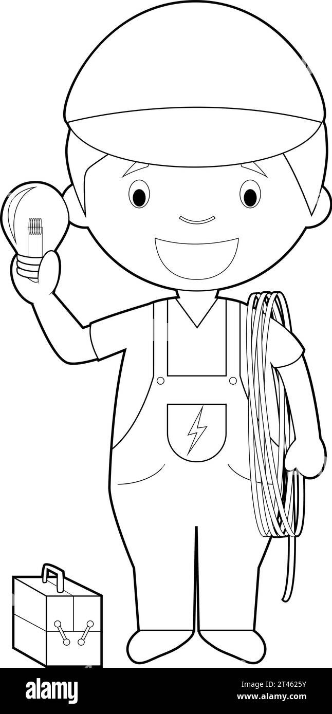 Einfache Färbung Karikaturvektor Illustration eines Elektrikers. Stock Vektor