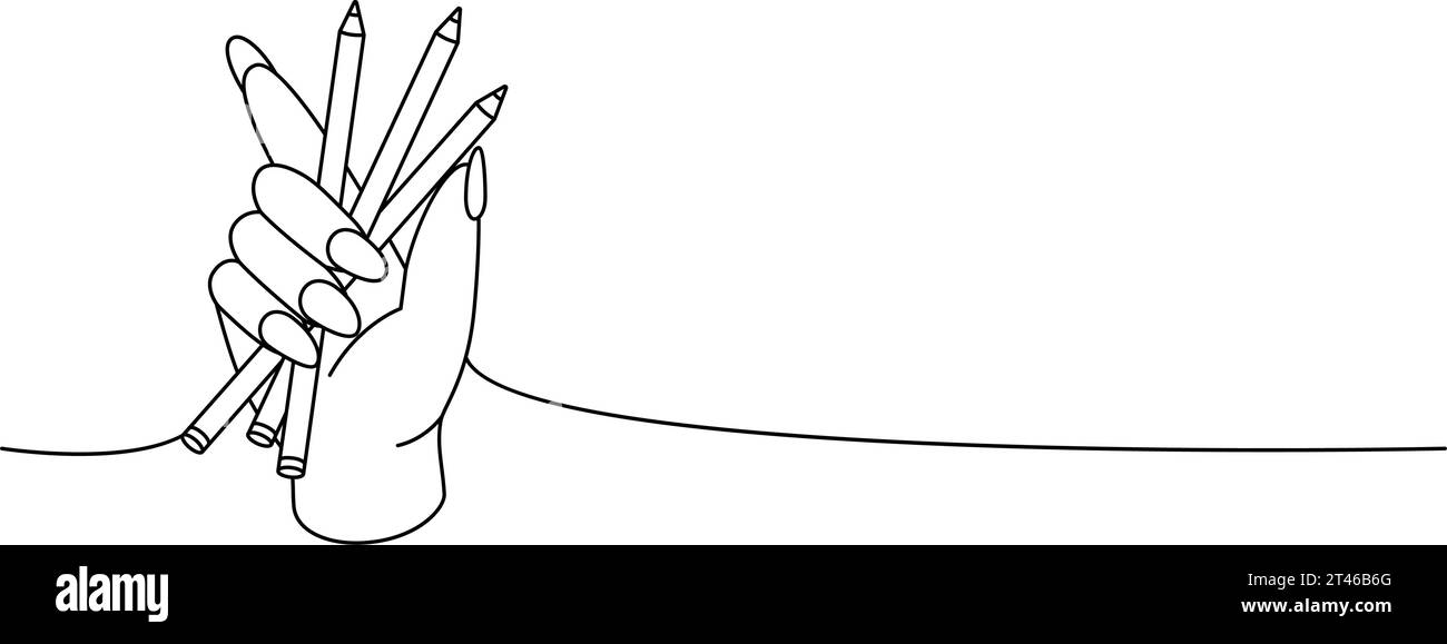 Hand mit Bleistift, Schule liefert eine Linie durchgehende Zeichnung. Eine durchgehende, einzeilige Abbildung für die Schulzeit. Vektor minimalistische lineare Illustration. Stock Vektor