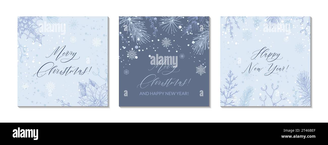 Set mit blauen quadratischen Grußkarten für frohe Weihnachten und Happy New Year. Vorlage für Social-Media-Beiträge. Hand gezeichneter Sintergrund mit Skizzenbot Stock Vektor