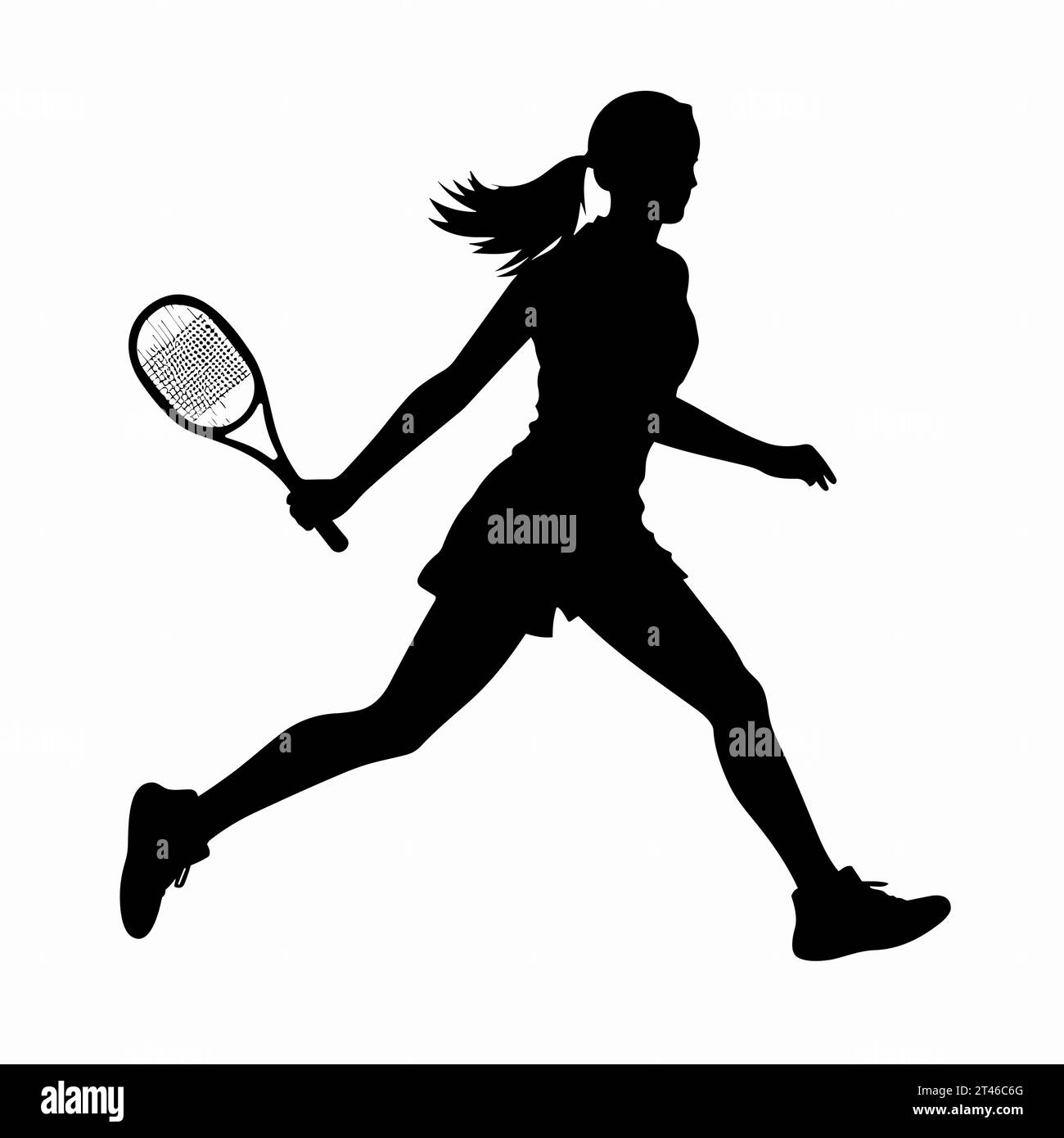 Silhouette einer Tennisspielerin. Schwarzes Symbol der Tennisspielerin auf weißem Hintergrund Stock Vektor