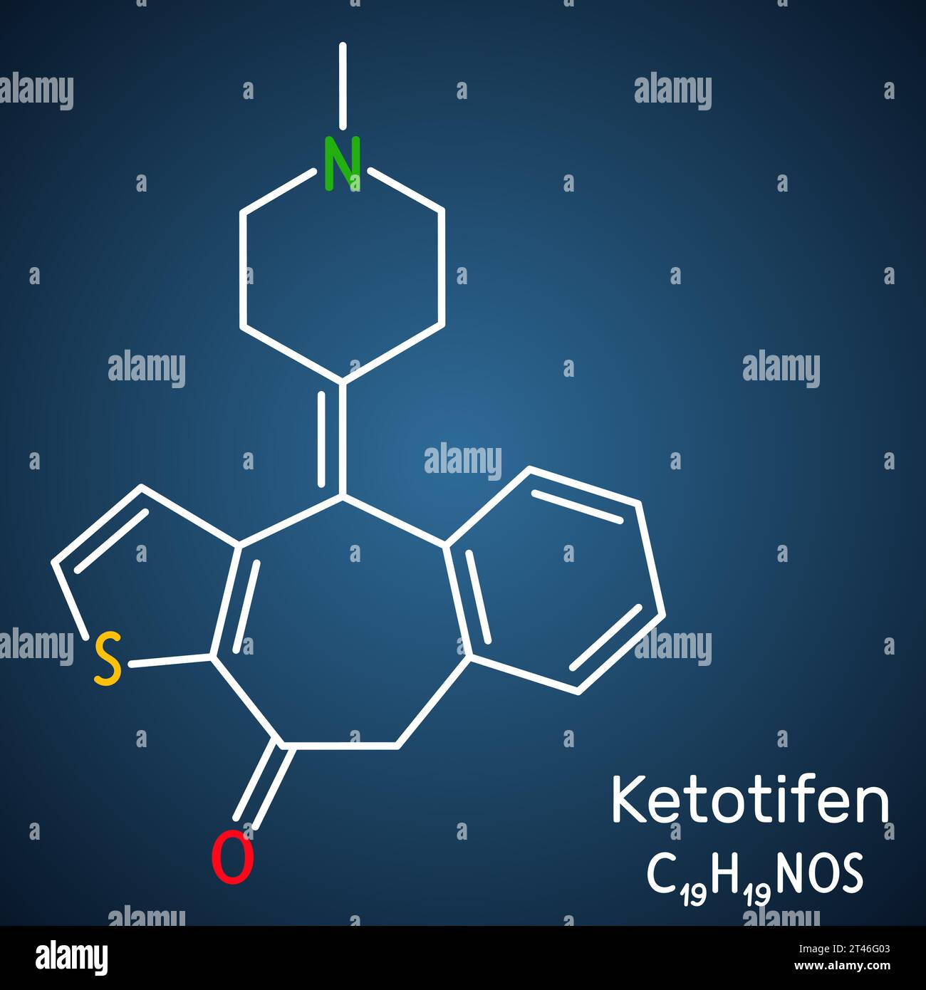 Ketotifen, Histamin-H1-Rezeptorblocker-Molekül. Es wird zur Behandlung von atopischem Asthma und allergischer Konjunktivitis angewendet. Strukturelle chemische Formel im Dunkeln Stock Vektor