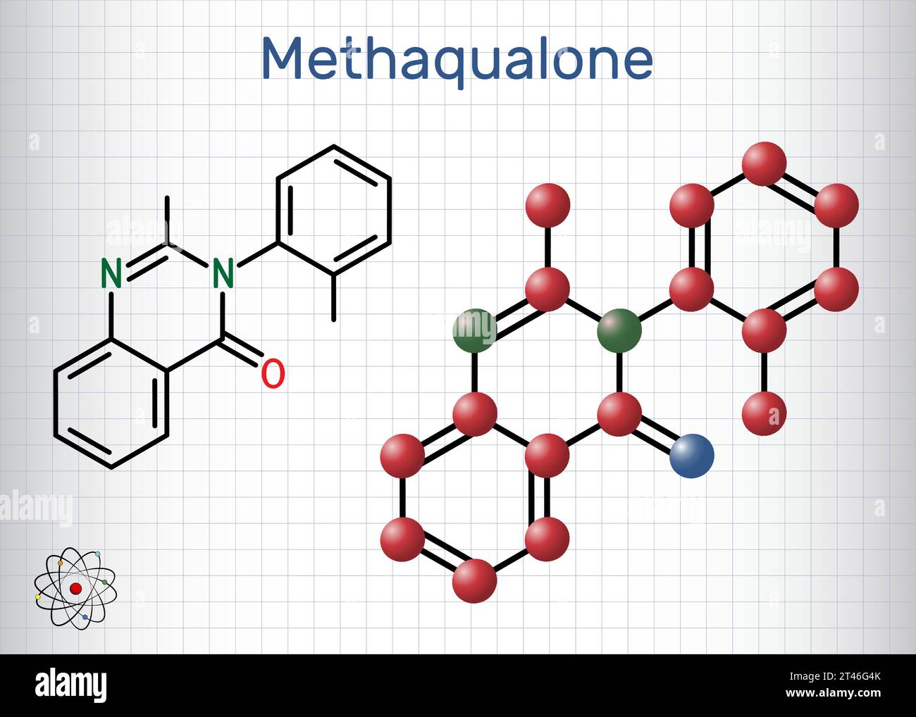 Methaqualone-Molekül. Es ist ein Beruhigungsmittel, ein hypnotisches Medikament, das zur Behandlung von Schlaflosigkeit verwendet wird. Die chemische Formel des Skeletts. Papierverpackungen für Medikamente. Vektorillustratio Stock Vektor