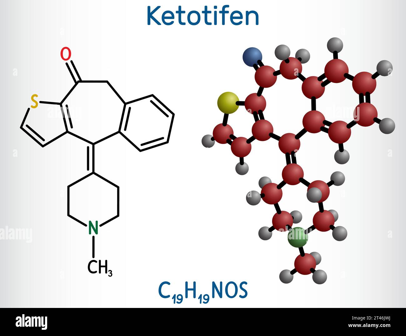 Ketotifen, Histamin-H1-Rezeptorblocker-Molekül. Es wird zur Behandlung von atopischem Asthma und allergischer Konjunktivitis angewendet. Strukturelle chemische Formel, Molekül m Stock Vektor