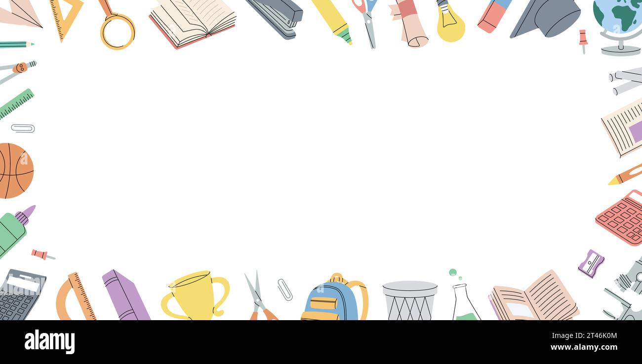 Schulbedarf in horizontaler Fahne. Zurück zur Schule. Trophäe, Diplom, Notizbuch, Mikroskop, Bleistift, Büroklammer, Radiergummi, Schultasche, Globus, Taschenrechner. Stock Vektor