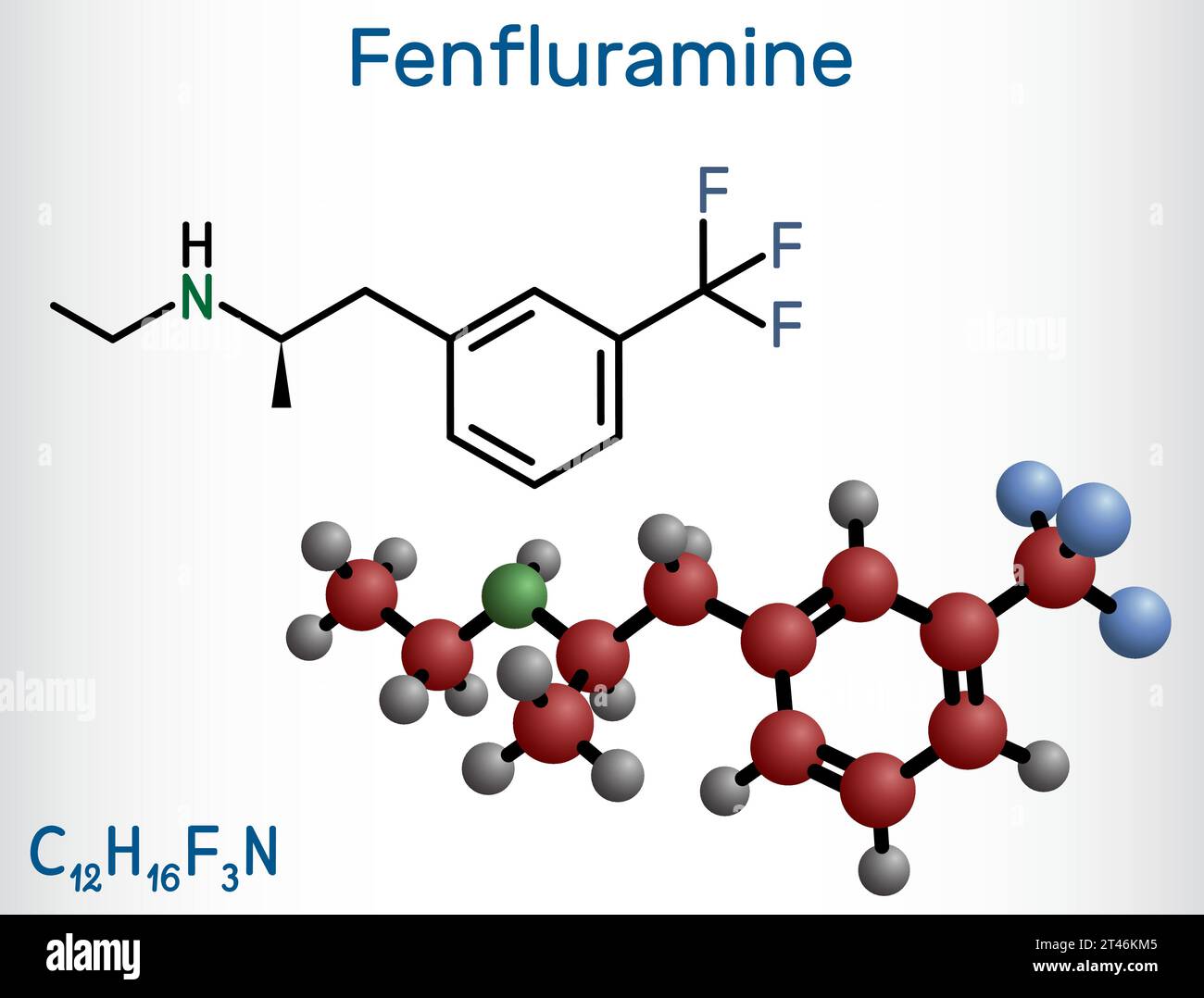 Fenfluramin-Arzneimittelmolekül. Es handelt sich um Phenethylamin, das als Appetitzügler verwendet wird. Strukturelle chemische Formel und Molekülmodell. Vektorabbildung Stock Vektor