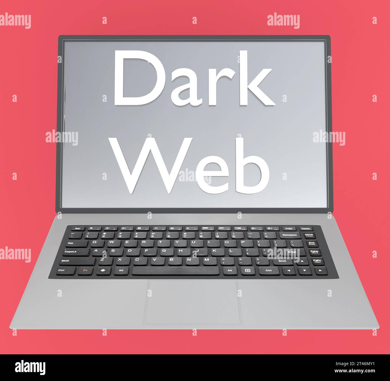 3D-Darstellung des Skripts Dark Web auf einem Laptop-Bildschirm, isoliert auf Rot. Stockfoto