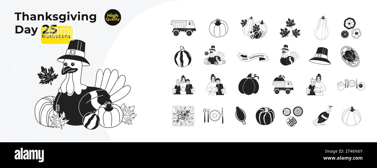 Thanksgiving Tag Schwarz-weiß-Zeichentrick flache Illustration Bundle Stock Vektor
