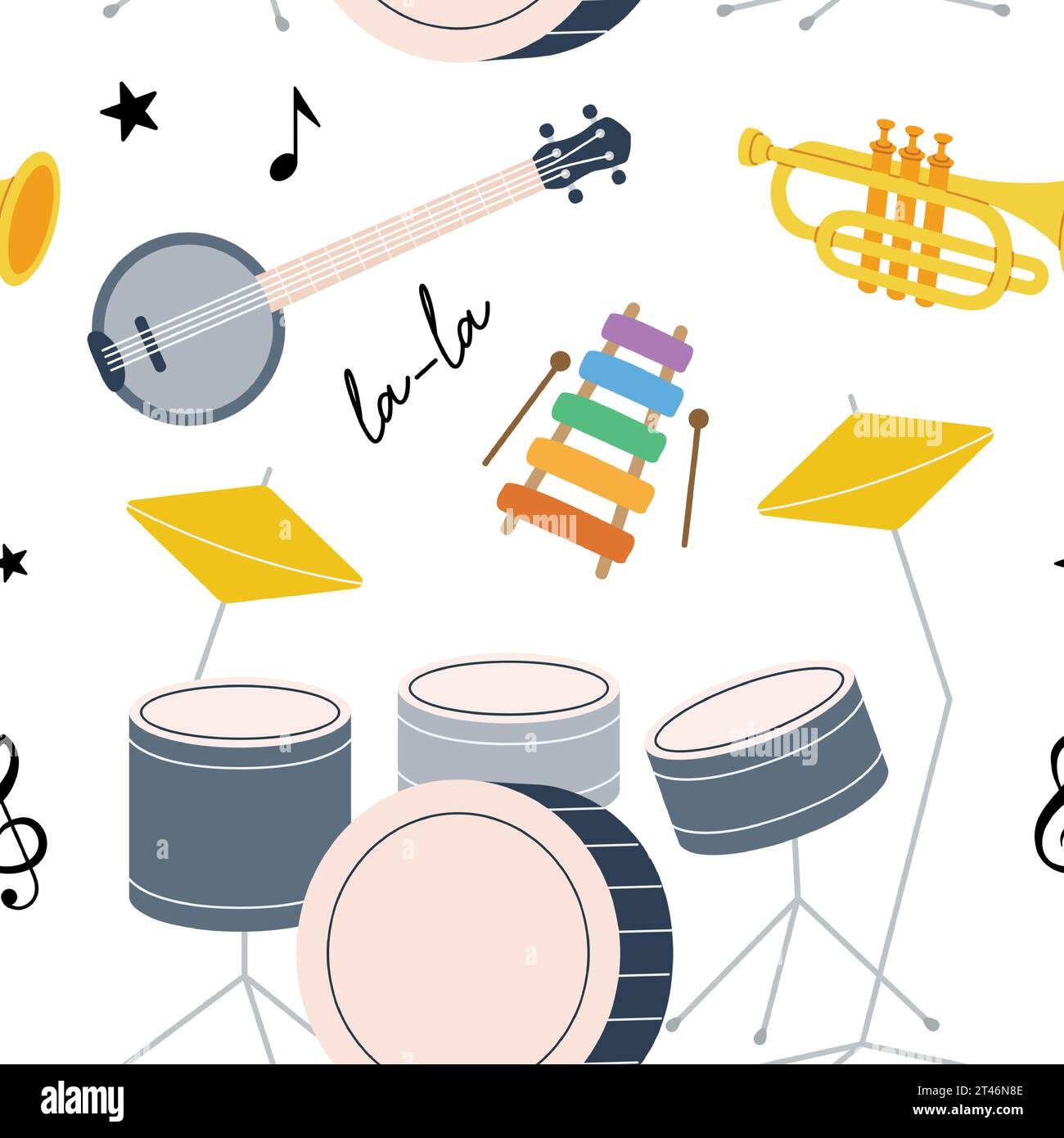 Musikinstrumente nahtloses Muster. Tuba, Trompete, Trommelflöte, Horn, Laute, Violine, E-Bass-Gitarre. Hintergrund für farbige Musikinstrumente Stock Vektor