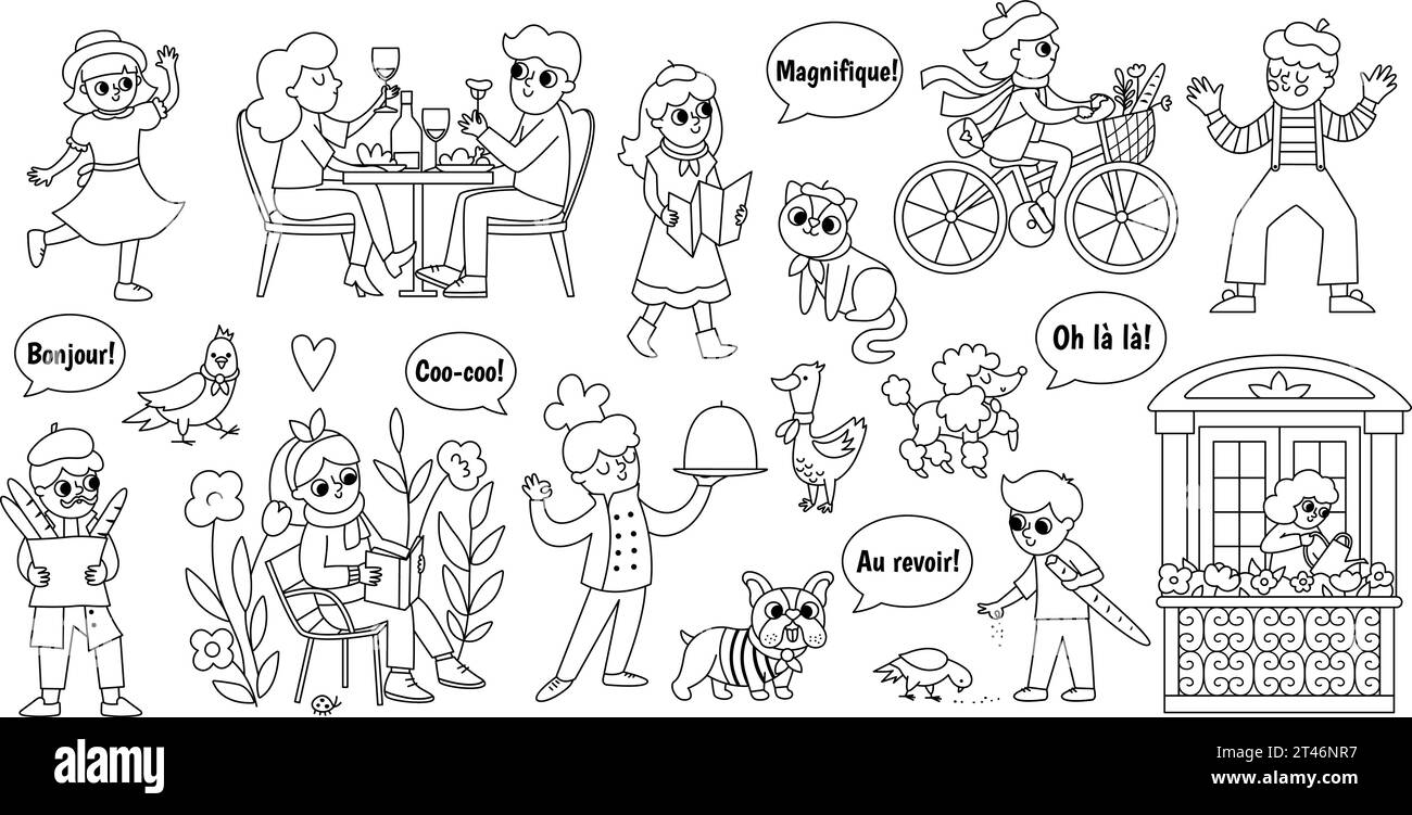Französische Menschen und Tiere Vektorset. Schwarz-weiß-Sammlung mit Frau, die Buch liest, Koch, Mann mit Baguette, Paar trinken Wein, Mime, Mädchen Ridi Stock Vektor
