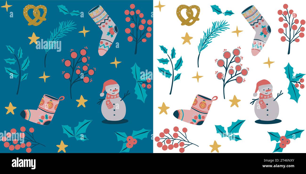 Nahtloses Silvester- und Weihnachtsmuster mit Weihnachtssymbolen und -Elementen, elegantes Winterdesign. Weihnachts- und Neujahrsmuster mit Transparent Stock Vektor