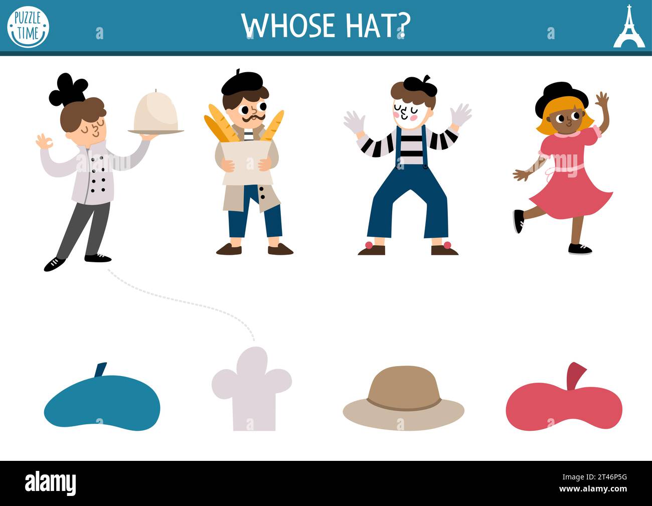 France Shadow Matching Aktivität. Puzzle mit Franzosen. Suchen Sie das richtige Arbeitsblatt zum Ausdrucken. Lustige Seite für Kinder mit Mime, Koch, Mann mit Baguet Stock Vektor