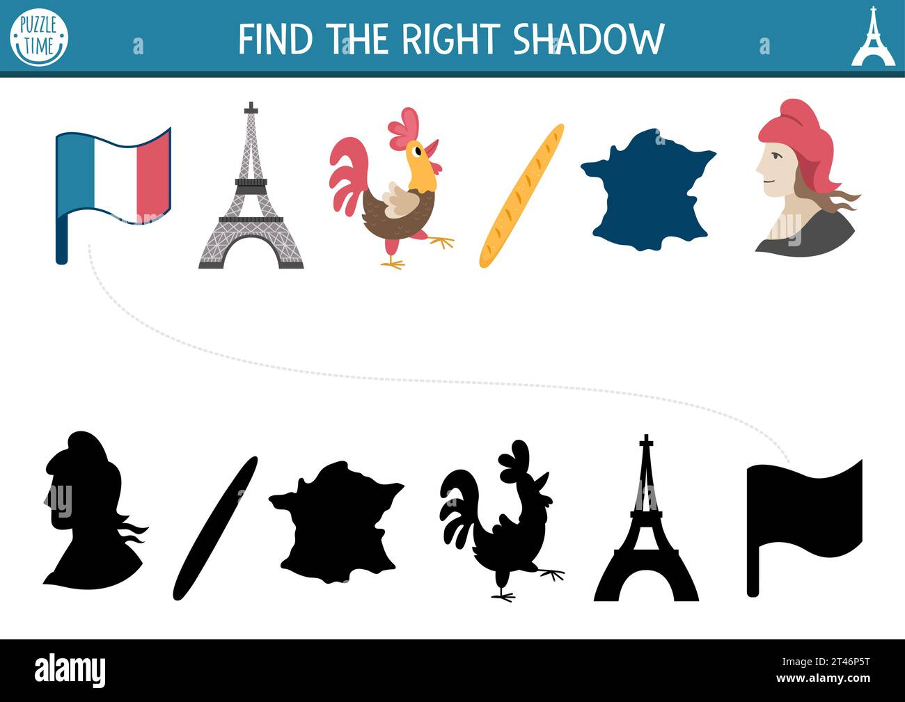 France Shadow Matching Aktivität. Französisches Puzzle mit Marianne, Karte, Eiffelturm, Hahn, Baguette. Suchen Sie das richtige druckbare Arbeitsblatt für die Silhouette. Lustig Stock Vektor