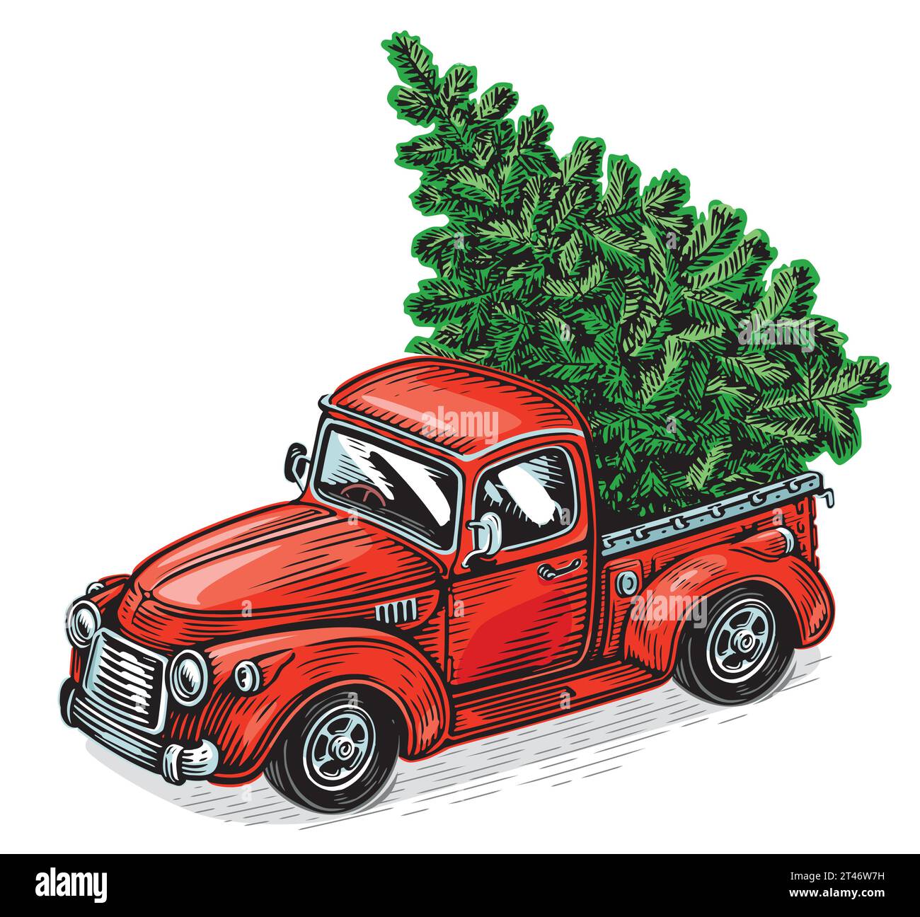 Weihnachtsroter Retro-Pick-up-Truck mit grüner Kiefer. Vektor-Illustration zu glücklichen Feiertagen Stock Vektor