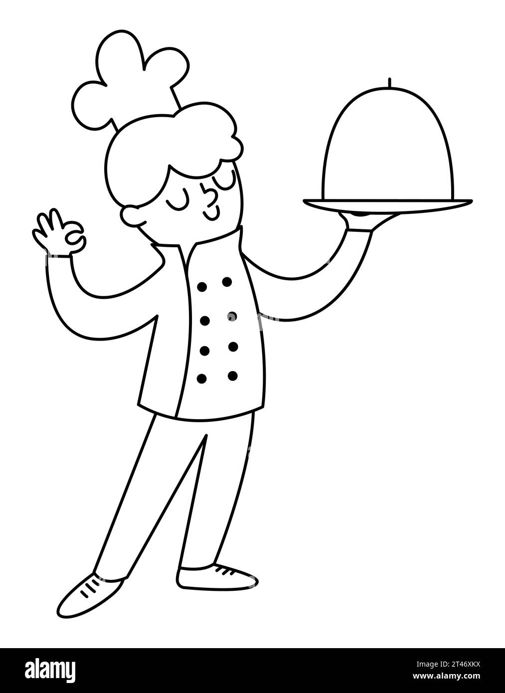 Schwarz-weißer Koch in Hut und Tunika, mit leckerem Gericht bedeckt mit Closhe. Illustration des Vektors des Küchenchefs. Niedliches Zeichensymbol oder Ausmalseite Stock Vektor