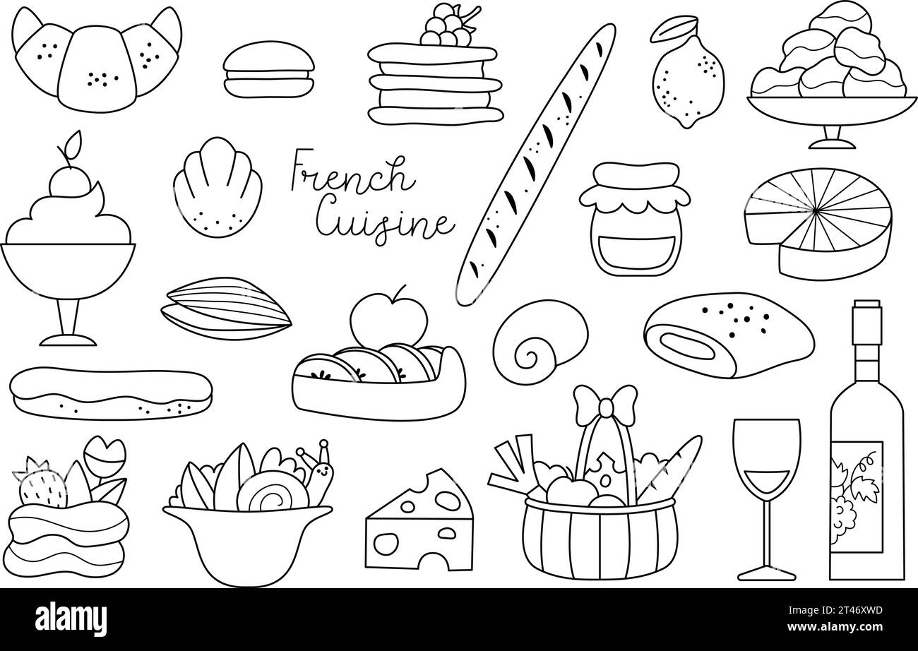 Französisches schwarzes und weißes Lebensmittelvektorset. Sammlung mit Baguette, Croissant, Wein, Eclair, Keks, Kuchen. Die süße Bäckerei Frankreichs zeigt Ikonen mit Käse Stock Vektor