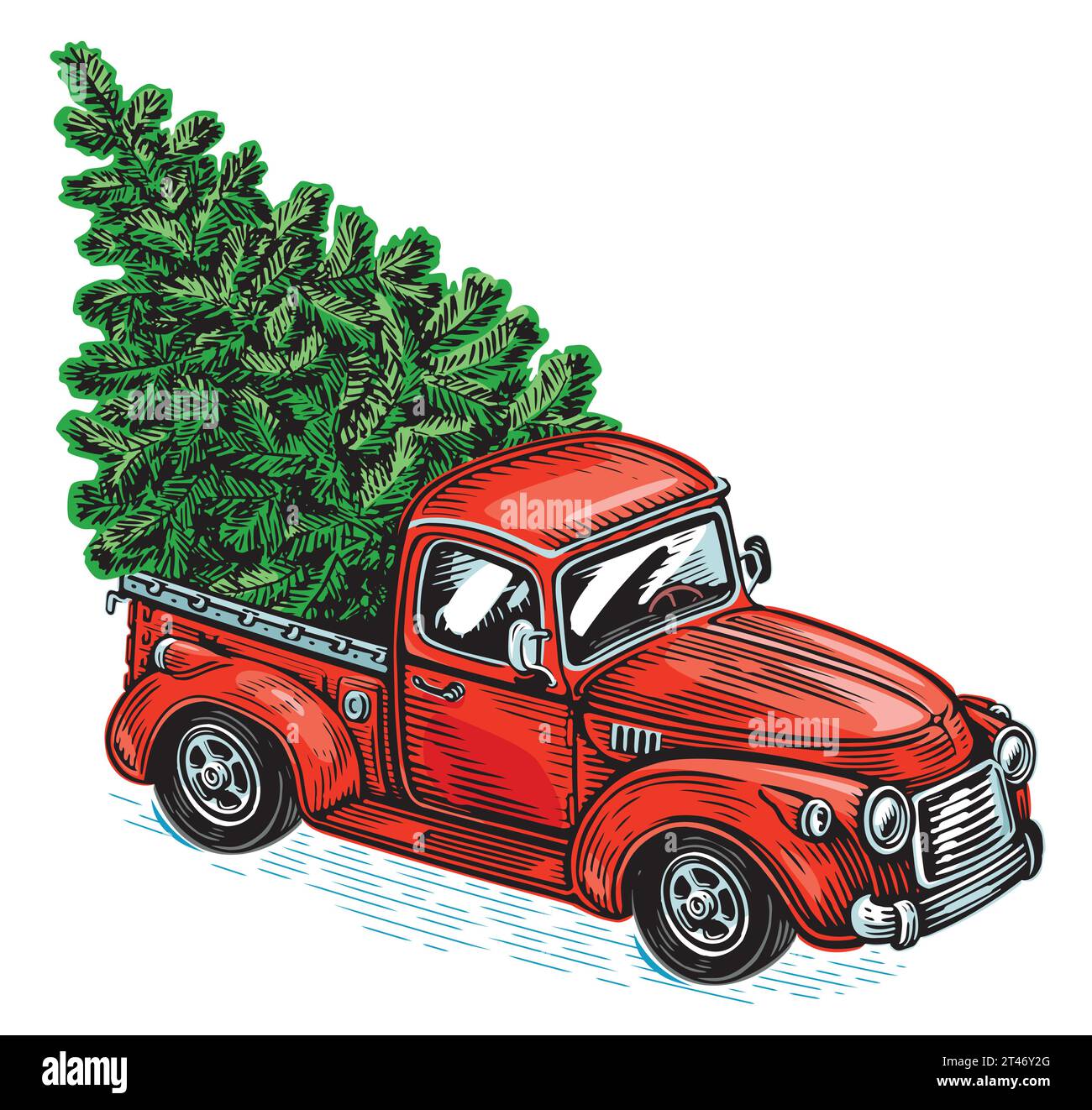 Roter Retro-Truck und Tannenbaum hinten in einem Auto. Weihnachten, Neujahr Feiertage Vektor Illustration Stock Vektor