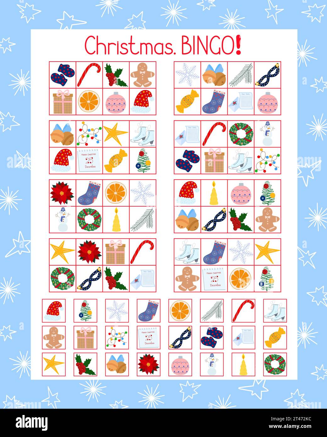 Weihnachten Bingo druckbares Spiel thematisches Wintervokabular zum Üben von Sprachkenntnissen, Arbeitsblatt für Freizeitaktivitäten im Neujahrsferienraum Stock Vektor