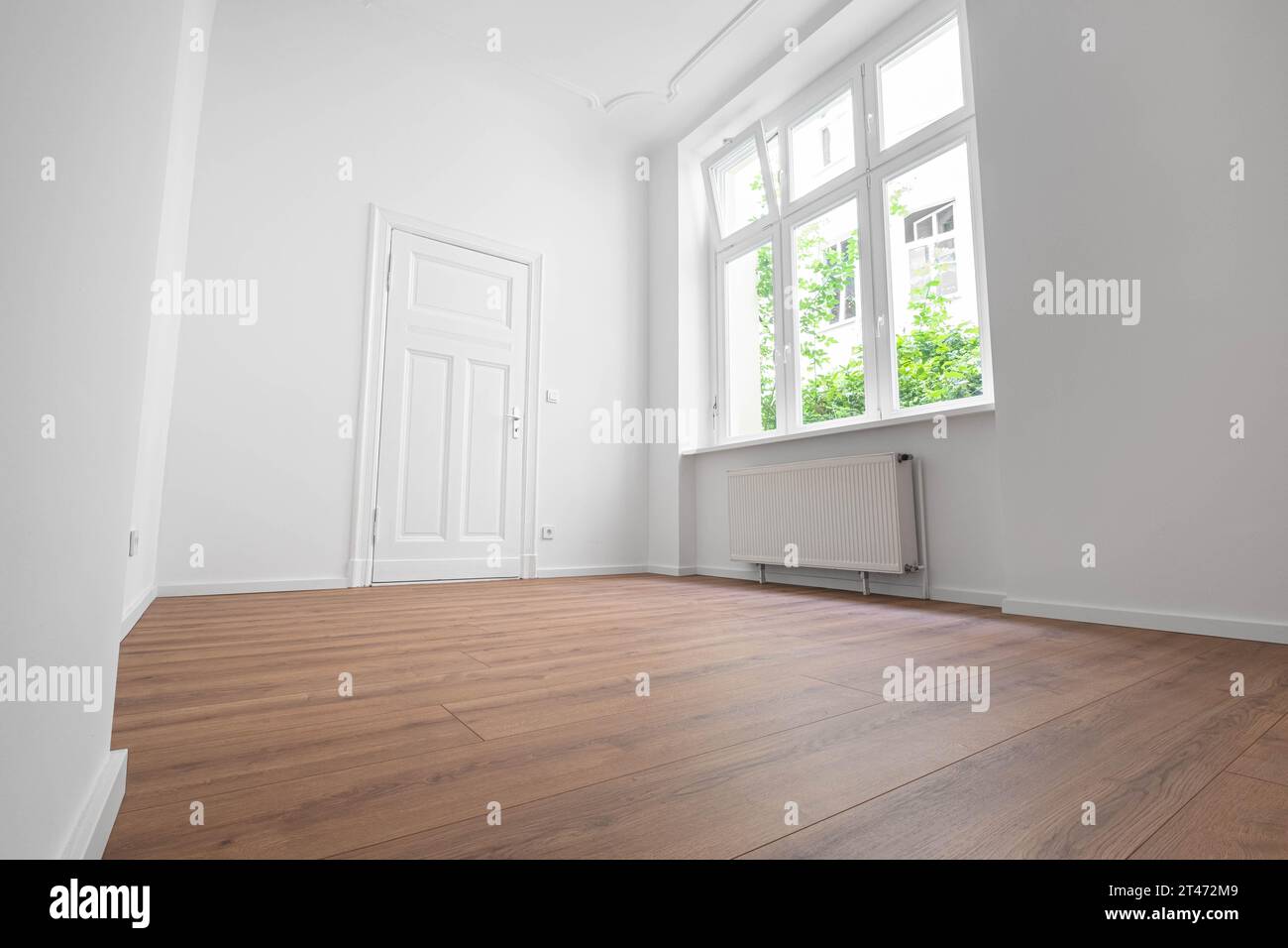 Leeres Apartmentzimmer, Fenster und flache Tür, flacher Blick Stockfoto