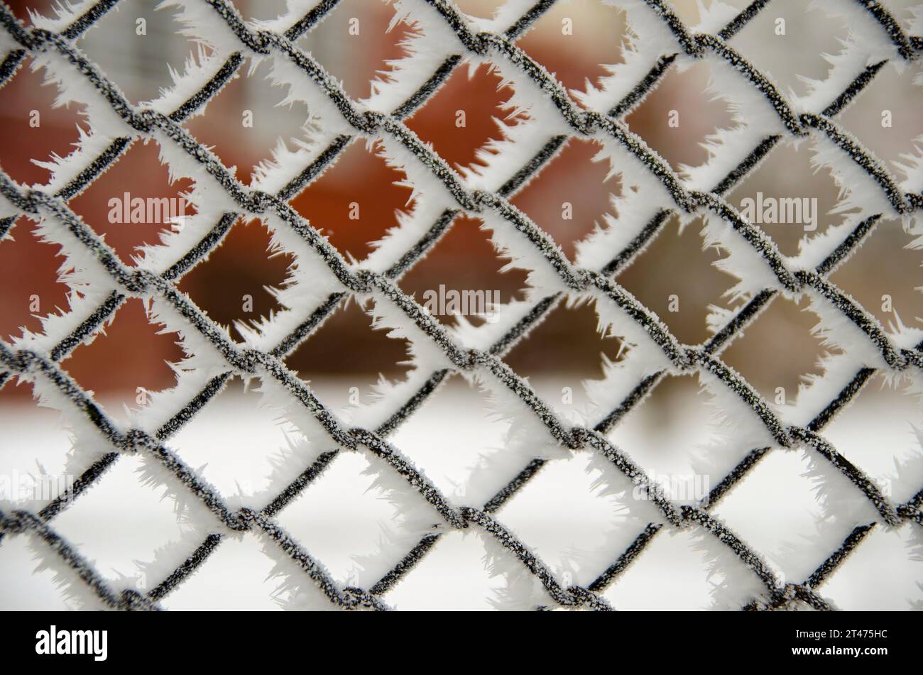 Gefrorenes eisgekühltes Metallgitter mit Schnee bedeckt Stockfoto
