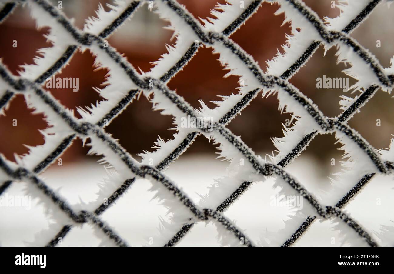 Gefrorenes eisgekühltes Metallgitter mit Schnee bedeckt Stockfoto