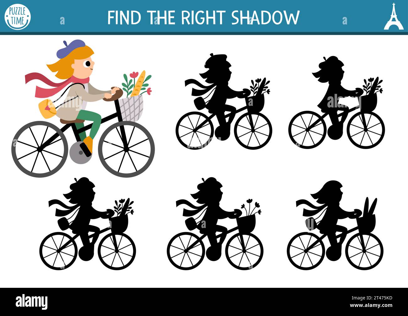 France Shadow Matching Aktivität. Puzzle mit einem Mädchen, das Fahrrad fährt, mit Korb mit Baguette und Blumen. Suchen Sie das richtige druckbare Arbeitsblatt für die Silhouette. Fu Stock Vektor