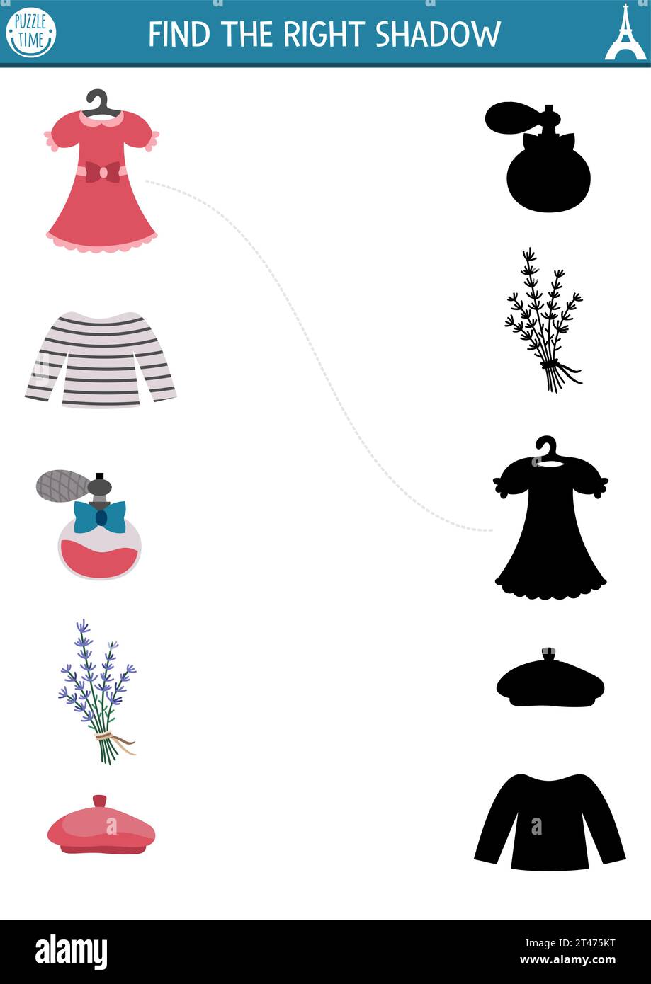 France Shadow Matching Aktivität. Französisches Puzzle mit Kleid, Parfüm, Lavendel, Baskenmütze, gestreiftem Hemd. Suchen Sie das richtige druckbare Arbeitsblatt für die Silhouette. Lustig Stock Vektor
