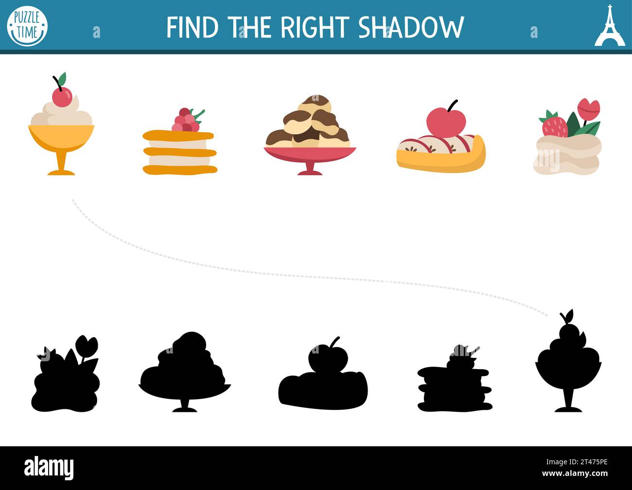 France Shadow Matching Aktivität. Puzzle mit traditionellen französischen Desserts. Suchen Sie das richtige druckbare Arbeitsblatt für die Silhouette. Lustige Seite für Kinder mit Eclair Stock Vektor