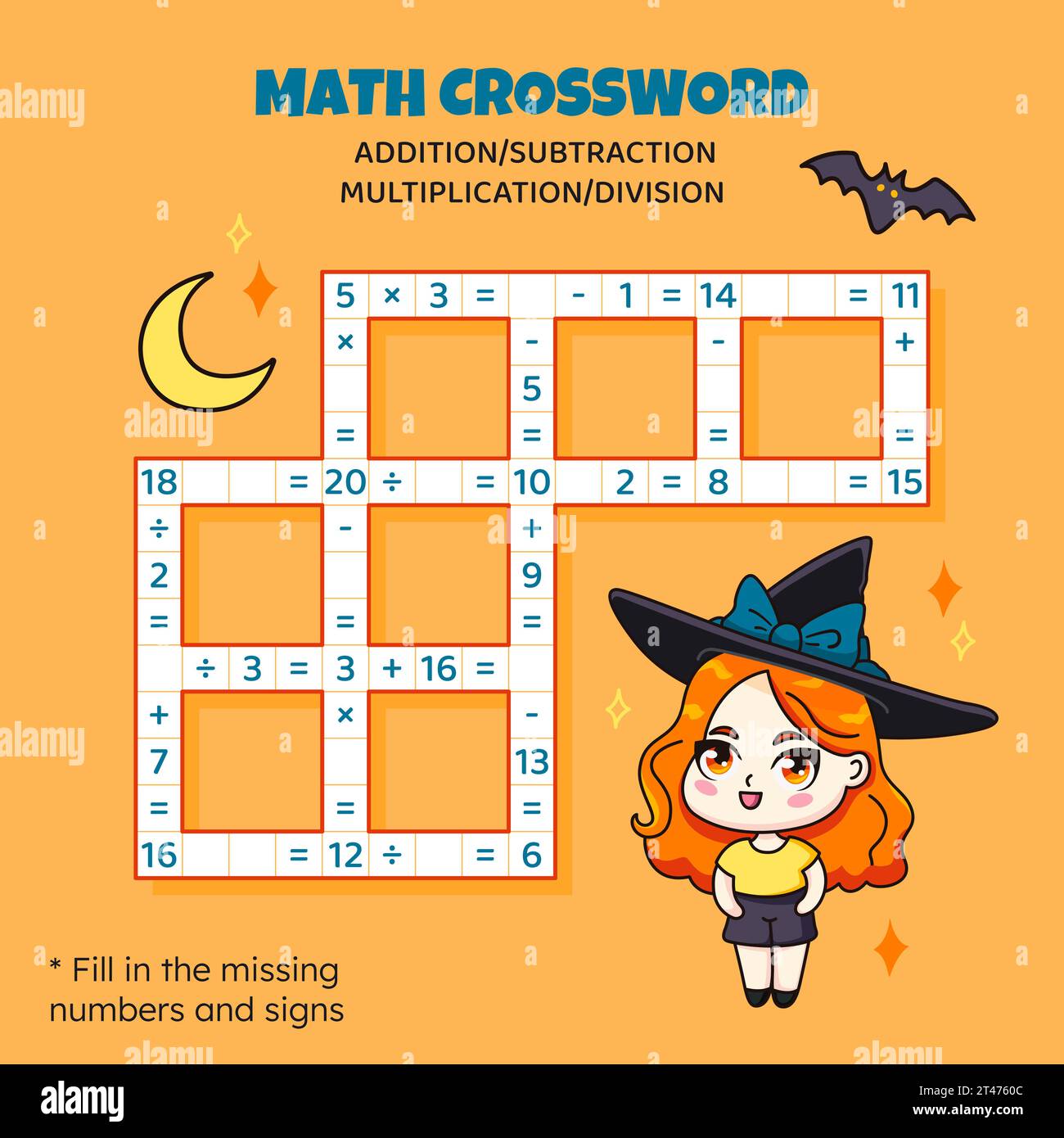 Mathe-Kreuzworträtsel für Kinder. Addition, Subtraktion, Multiplikation und Division Stock Vektor
