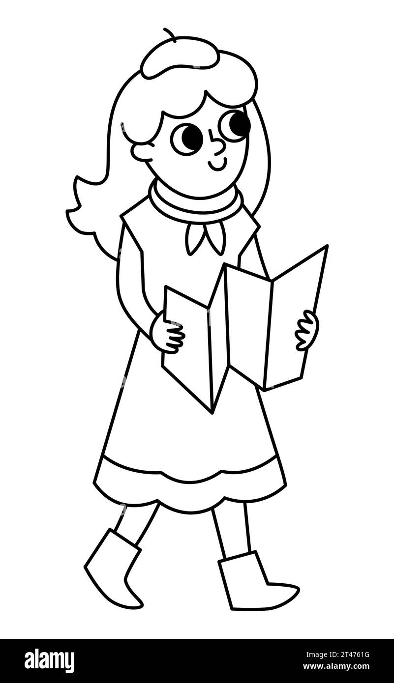 Schwarz-weißes Mädchen in Baskenmütze mit Karte. Vektorlinien-Illustration einer touristischen Frau. Niedliches Zeichensymbol oder Ausmalseite Stock Vektor