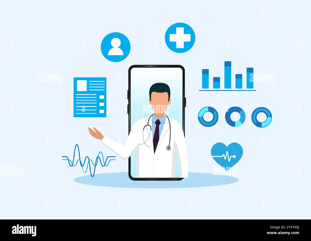 Gesundheitstechnologie, Arzt sprechen auf dem mobilen Bildschirm zusammen mit interessanten Elementen kommuniziert es moderne medizinische Technologie für Patienten zu rece Stock Vektor