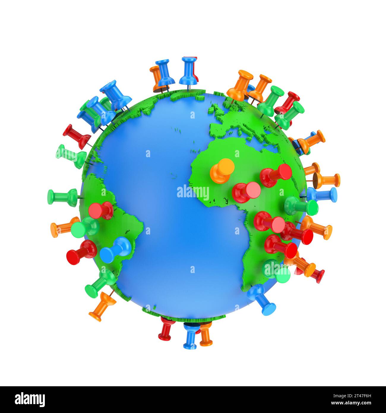 Positionsmarkierungsstifte auf einer Erdkugel auf weißem Hintergrund. 3D-Rendering Stockfoto