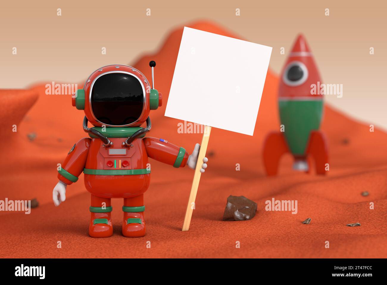 Niedliches Cartoon Maskottchen Astronautenfigur Person hält ein leeres Banner mit freiem Platz für Ihr Design in der Nähe von Rocket auf einem Roten Mars-Planeten. 3D-Rendering Stockfoto