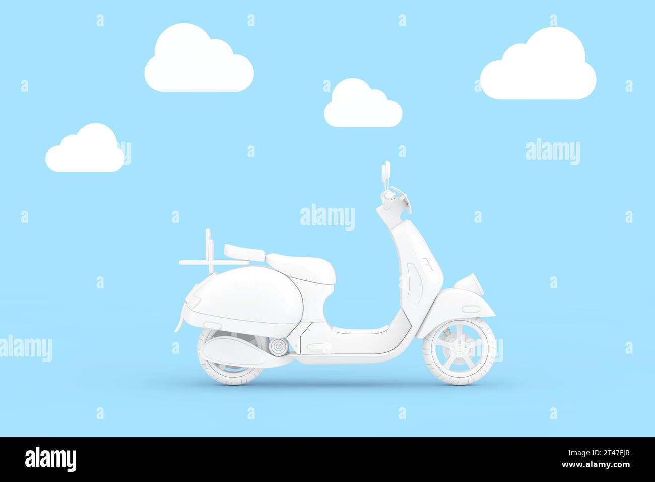 Weißer klassischer Vintage Retro oder Elektroroller im Lehm-Stil auf einem blauen Wolkenhimmel Hintergrund. 3D-Rendering Stockfoto