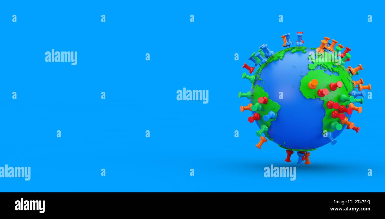 Positionsmarkierungsstifte auf einer Erdkugel auf blauem Hintergrund. 3D-Rendering Stockfoto