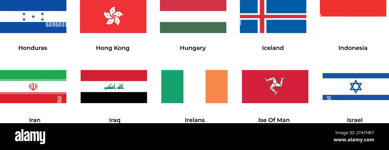 Nationalflagge von Hongkong Ungarn Island Indonesien Iran Irak Irland Honduras Israel Ise of man Stock Vektor