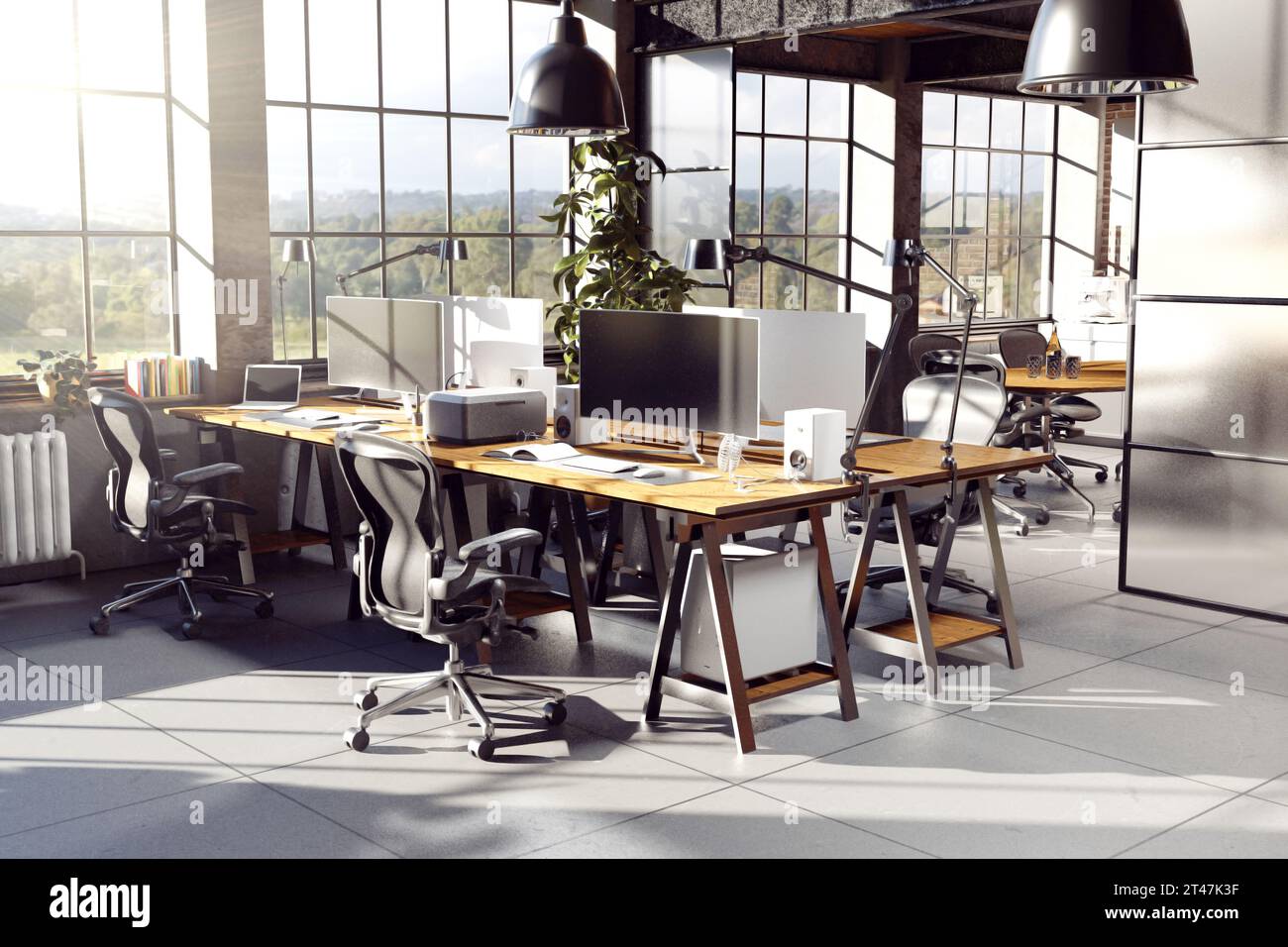 Moderne Loft-Büroeinrichtung mit Möbeln, 3D-Rendering. Stockfoto