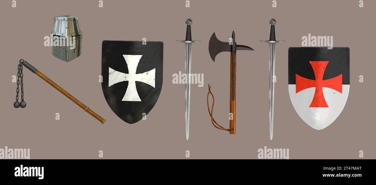 Zeichnen mit Ritterwaffen Schwert, Axt, Keule, Schild, Helm. Stockfoto
