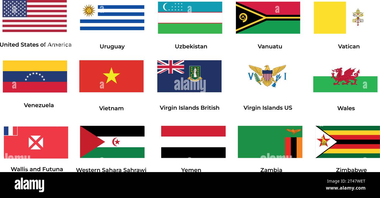 Nationalflagge der Vereinigten Staaten von Amerika Uruguay Usbekistan Vietnam Wales Vatikan Venezuela Jemen Stock Vektor