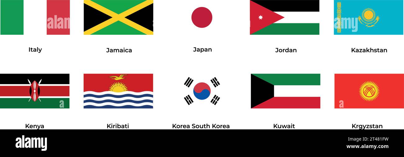 Nationalflagge von Italien Jamaika Japan Jordanien Kasachstan Kenia Südkorea Kuwait Kirgisistan Stock Vektor