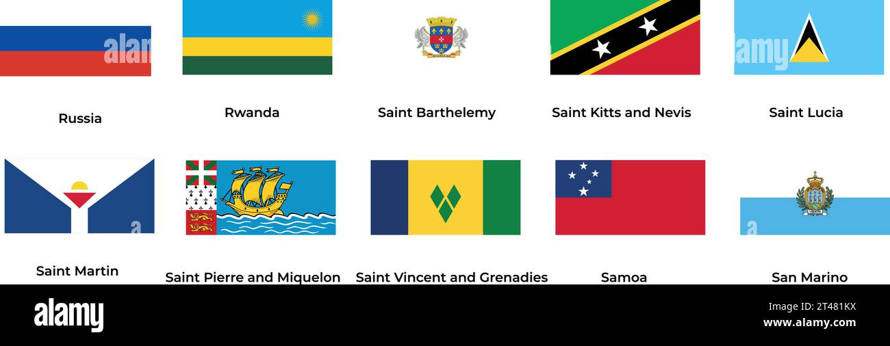 Nationalflagge Russlands, Ruandas, Sankt Barthélement, Sankt Lucia, Sankt Martin, Samoa, San Marino Stock Vektor