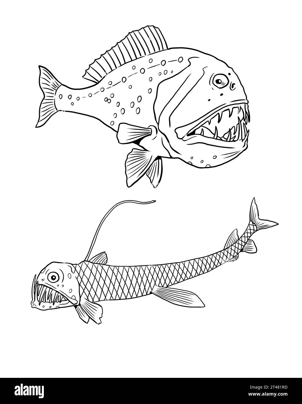 Tiefseefische zum Färben. Vorlage für ein Malbuch mit Meerestieren. Ausmalseite. Stockfoto