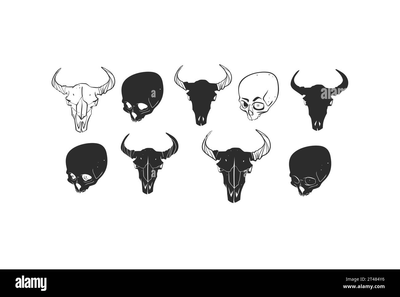 Hand gezeichneter Vektor abstrakte grafische Linie Kunstsammlung Satz menschlicher und tierischer Schädel Silhouetten, isoliert auf weißem Hintergrund. Handgezeichneter Vektor Stock Vektor