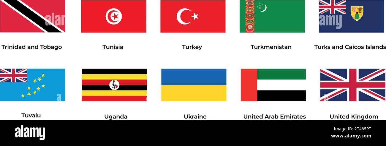 Nationalflagge Tunesiens Türkei Turkmenistan Uganda Ukraine Vereinigte Arabische Emirate Vereinigtes Königreich Stock Vektor