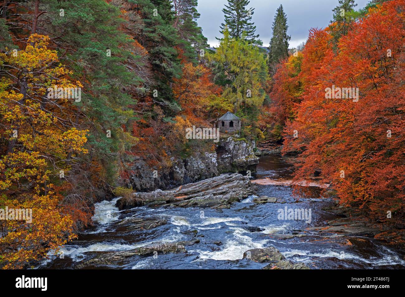 Invermoriston, Highlands, Schottland, Großbritannien. Oktober 2023. Trocken, bewölkt und kühl bei 8 Grad Celsius mit beißendem Wind E 19 km/h mit möglichen Böen von 30 km/h. Im Bild: Das Sommerhaus am Ufer des Flusses Moriston im Zentrum, umgeben von herbstlichem Laub. Quelle: Archwhite/Alamy Live News. Stockfoto