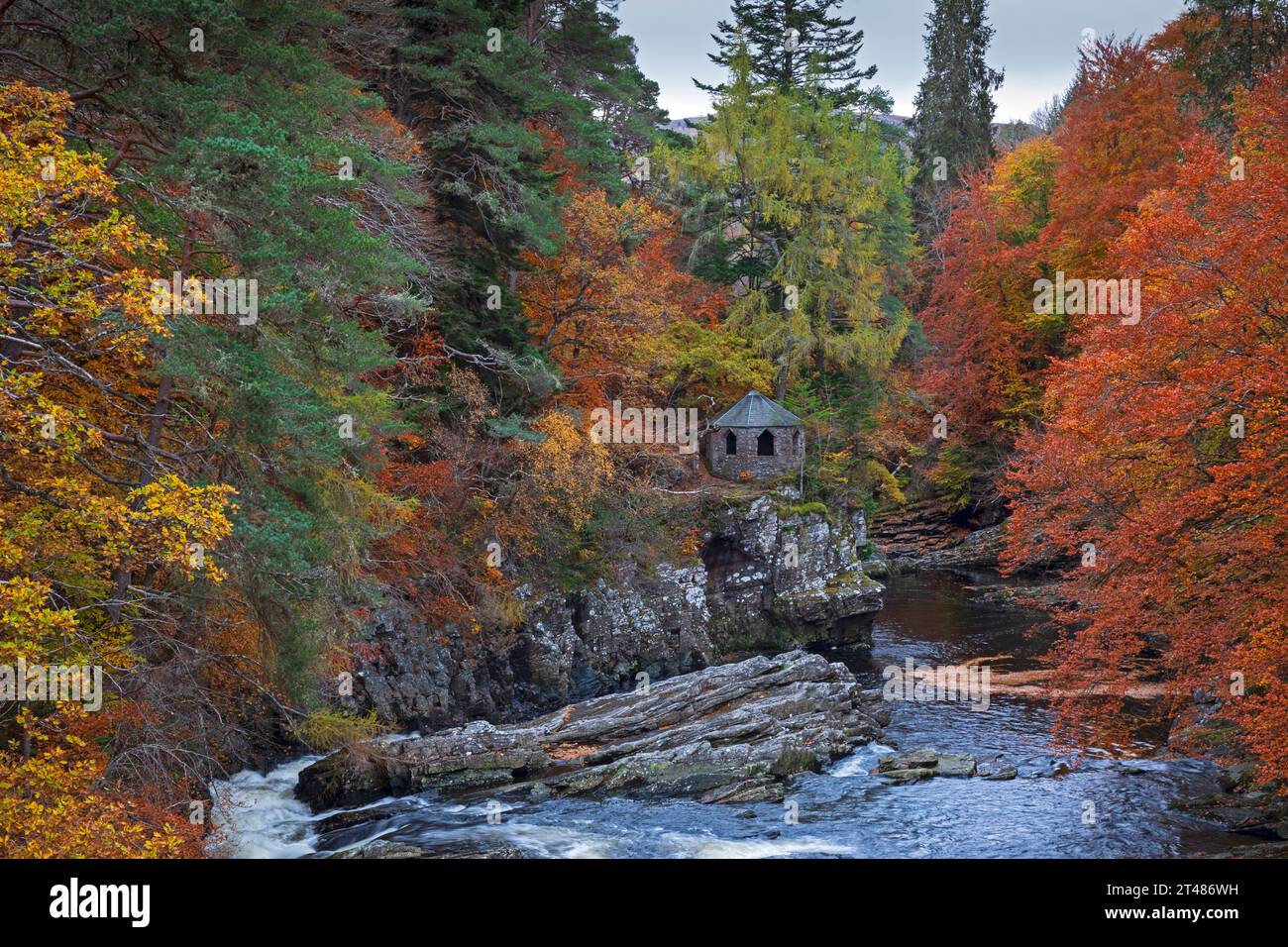 Invermoriston, Highlands, Schottland, Großbritannien. Oktober 2023. Trocken, bewölkt und kühl bei 8 Grad Celsius mit beißendem Wind E 19 km/h mit möglichen Böen von 30 km/h. Im Bild: Das Sommerhaus am Ufer des Flusses Moriston im Zentrum, umgeben von herbstlichem Laub. Quelle: Archwhite/Alamy Live News. Stockfoto